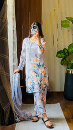 Model wearing a pale blue suit with orange flowers and dupatta – digital printed silk 3-piece suit