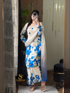 Model wearing a cream suit with blue flowers and a shaded dupatta – digital printed silk 3-piece suit
