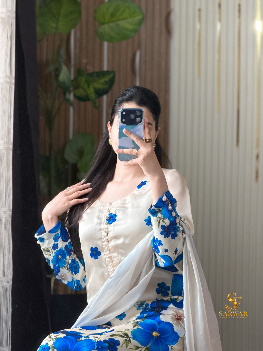 Azure Petals digital printed silk 3-piece suit, image 3 of 3