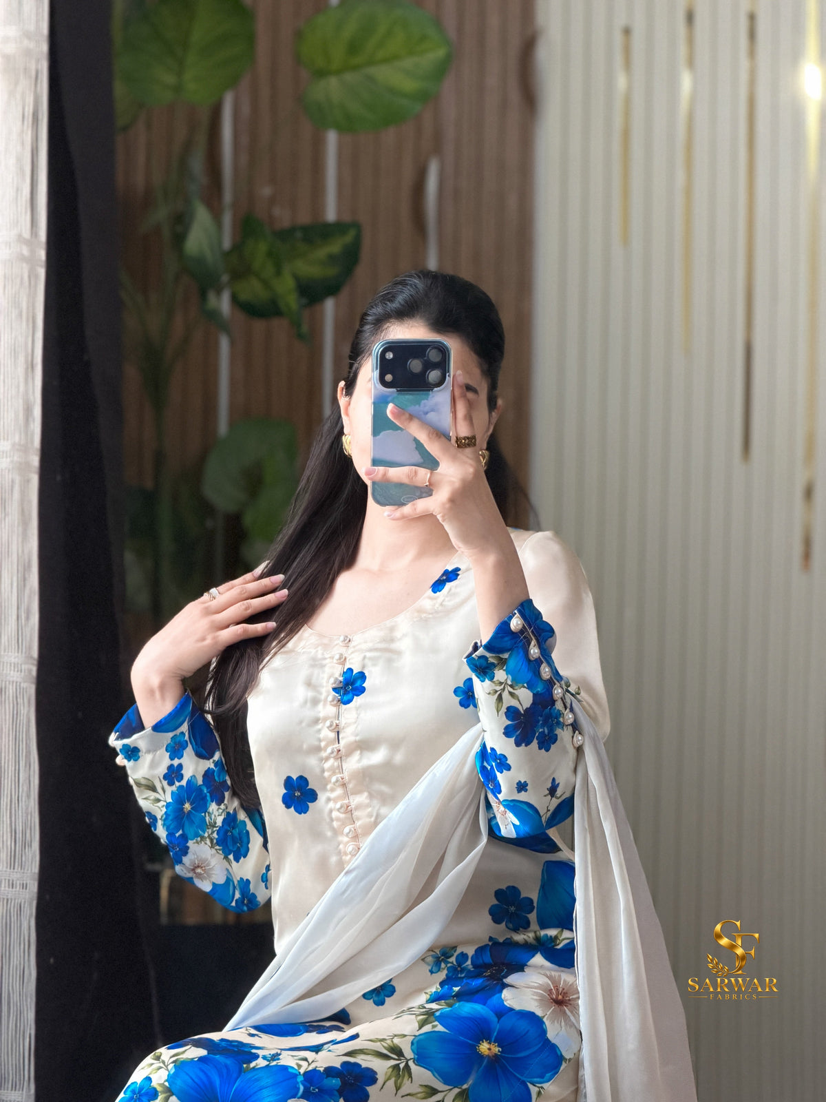 Azure Petals digital printed silk 3-piece suit, image 3 of 3