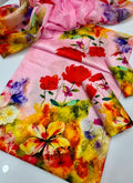 Unstitched digital printed silk 3-piece suit in pink with red, orange and yellow flowers