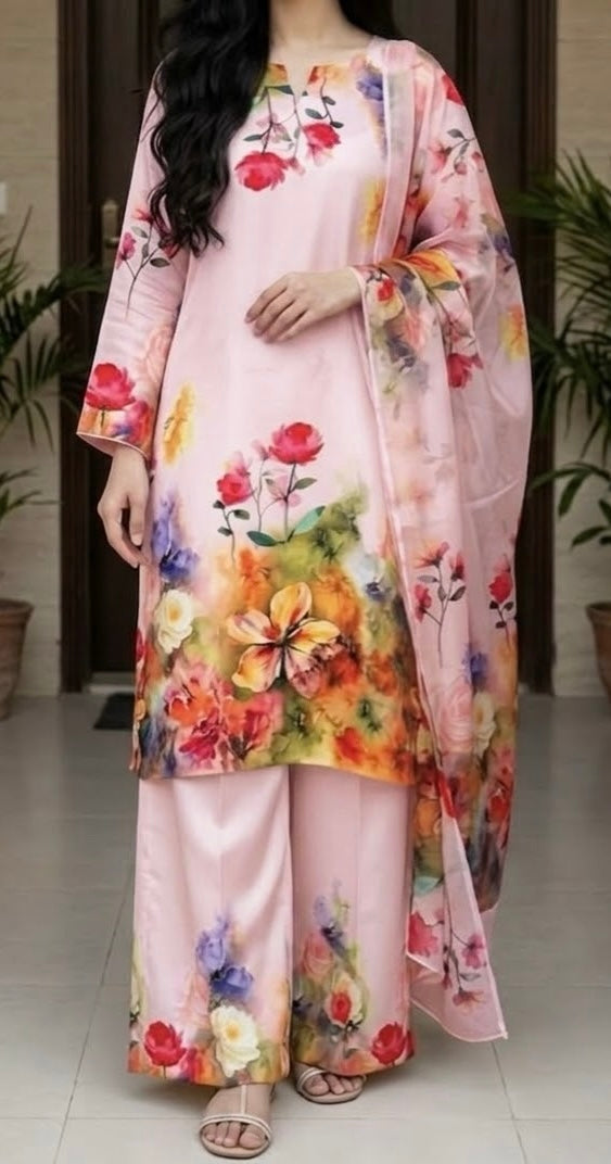 B.Pink Floral digital printed silk 3-piece suit, image 2 of 2