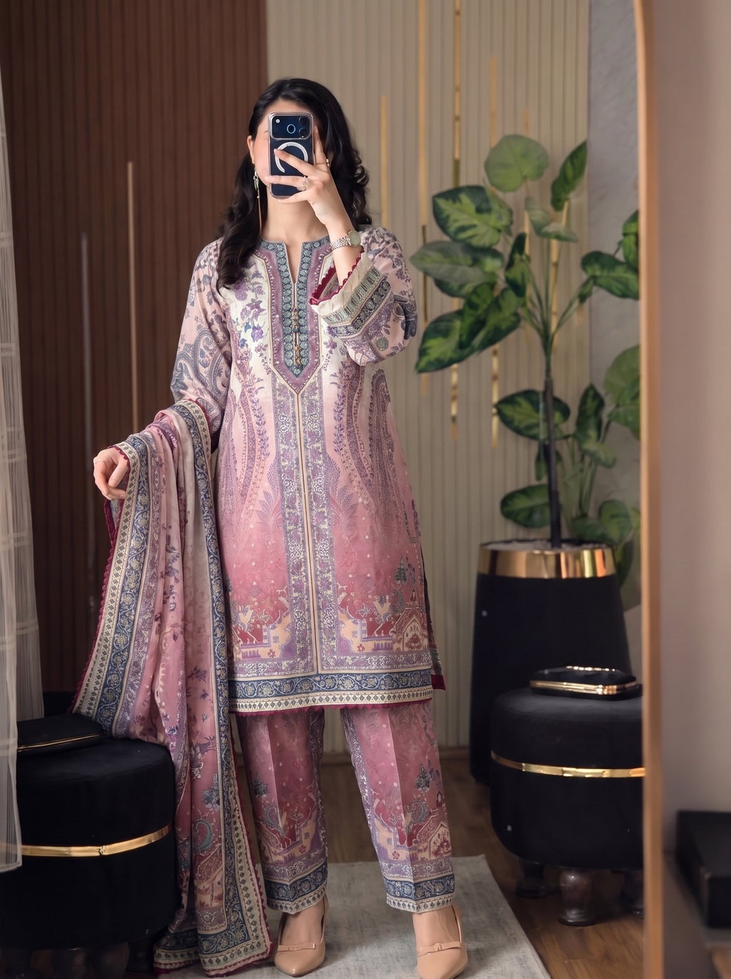 Banafsha lilac pink poly lawn 3 piece printed suit with dupatta