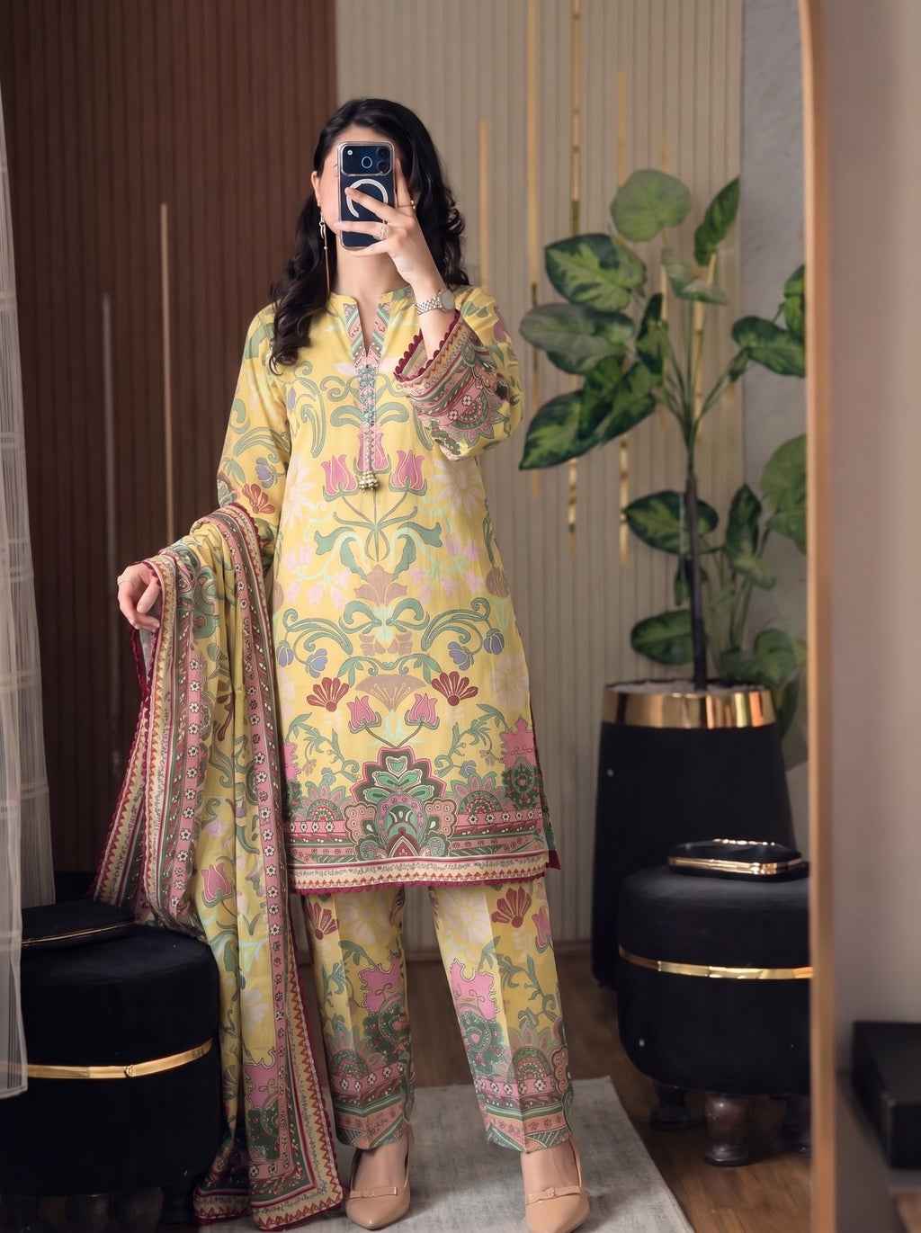 Basant yellow poly lawn 3 piece printed suit with dupatta