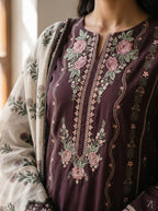 Shaam-e-Ghazal Chocolate Plum 3 piece printed suit - close-up print and neckline detail