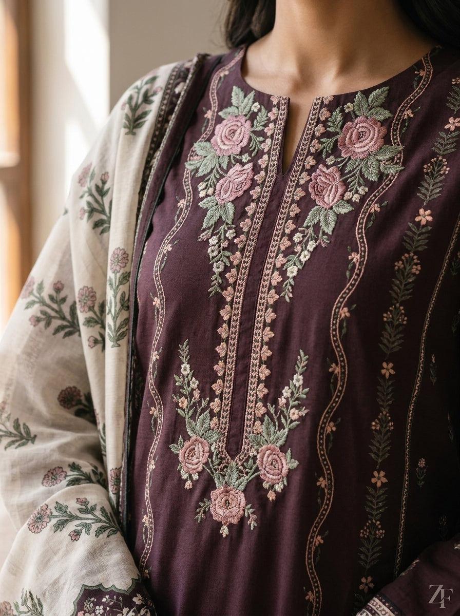 Shaam-e-Ghazal Chocolate Plum 3 piece printed suit - close-up print and neckline detail