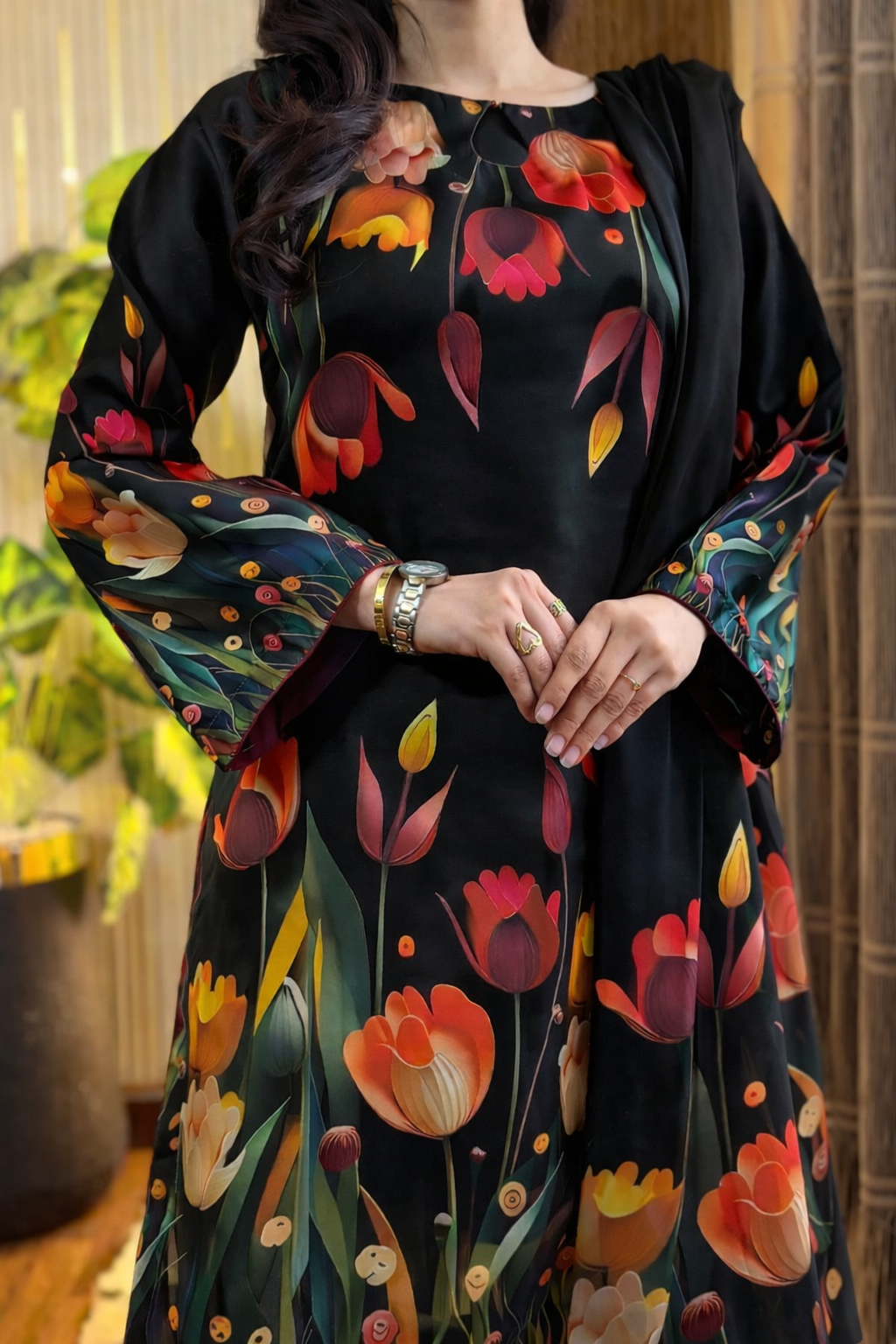 Model wearing a black suit with red and orange tulips – digital printed silk 3-piece suit