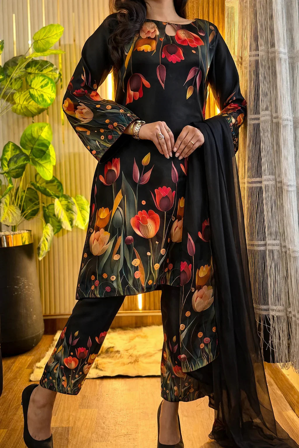 Black 3D Flowers (Design 2) digital printed silk 3-piece suit, image 2 of 2