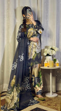 Model wearing a navy suit with large cream flowers and dupatta – digital printed silk 3-piece suit