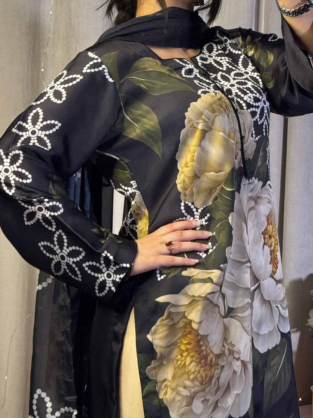 Black Emerald Bloom Co-ord Set digital printed silk 3-piece suit, image 3 of 11