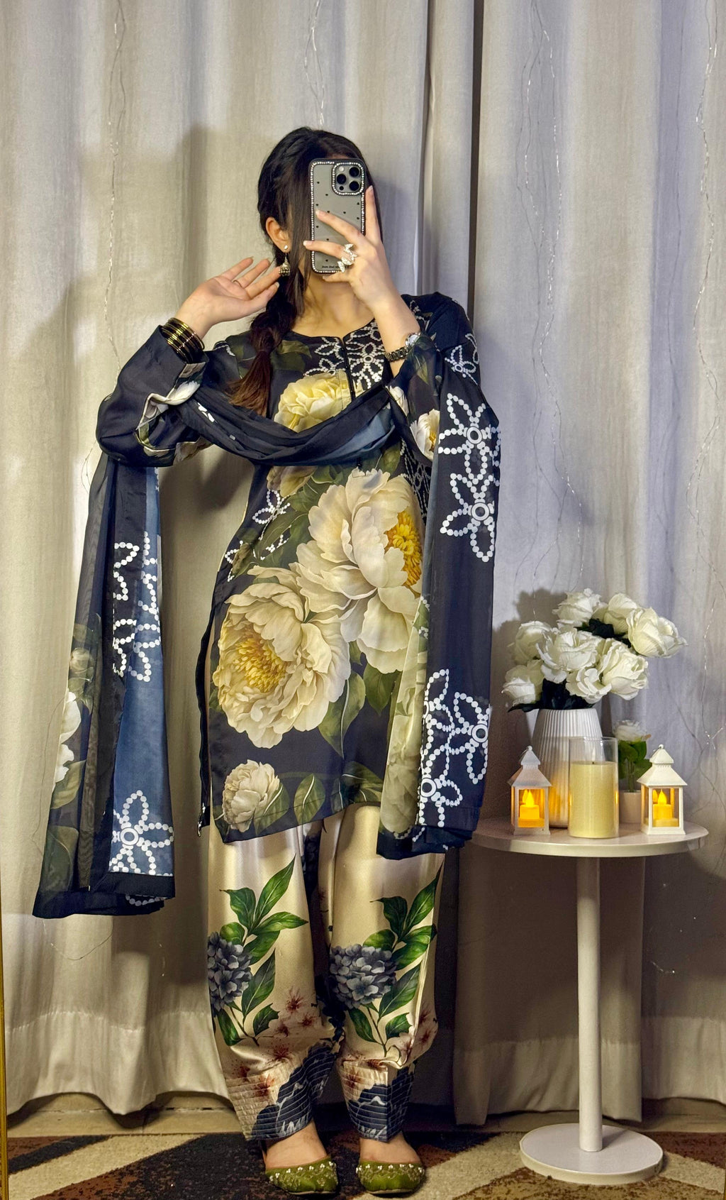 Black Emerald Bloom Co-ord Set digital printed silk 3-piece suit, image 4 of 11