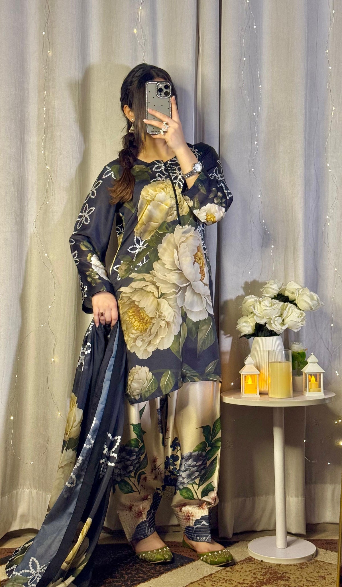 Black Emerald Bloom Co-ord Set digital printed silk 3-piece suit, image 5 of 11