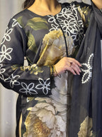 Black Emerald Bloom Co-ord Set digital printed silk 3-piece suit, image 6 of 11