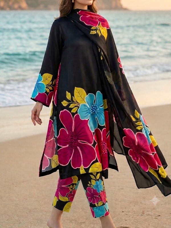 Model wearing a black suit with a large pink and blue hibiscus print and dupatta – digital printed silk 3-piece suit