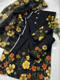Unstitched digital printed silk 3-piece suit in black with yellow flowers and a black sheer dupatta