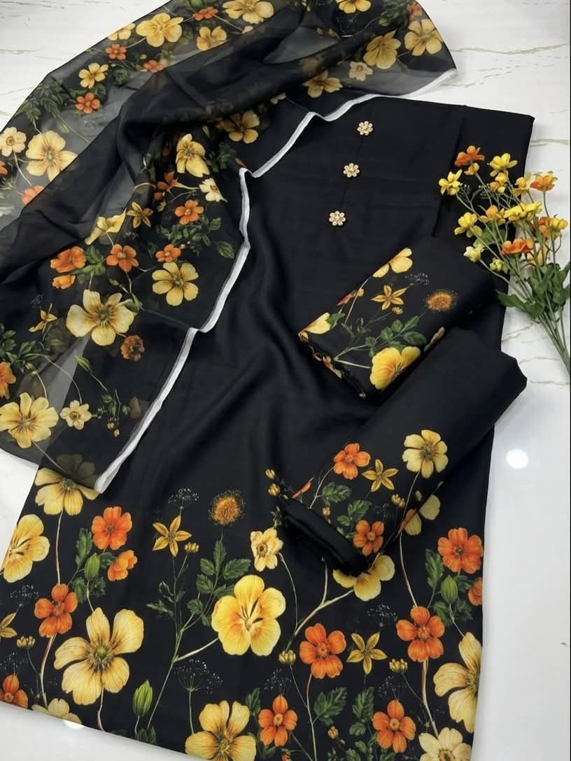 Unstitched digital printed silk 3-piece suit in black with yellow flowers and a black sheer dupatta