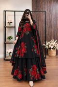 Model wearing a black flared set with red roses and a matching dupatta – digital printed silk 3-piece suit