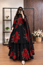 Model wearing a black flared set with red roses and a matching dupatta – digital printed silk 3-piece suit