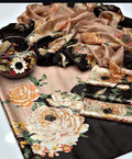 Unstitched digital printed silk 3-piece suit in black and peach with large roses
