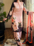 Model wearing a peach kurta with a dark floral print dupatta – digital printed silk 3-piece suit