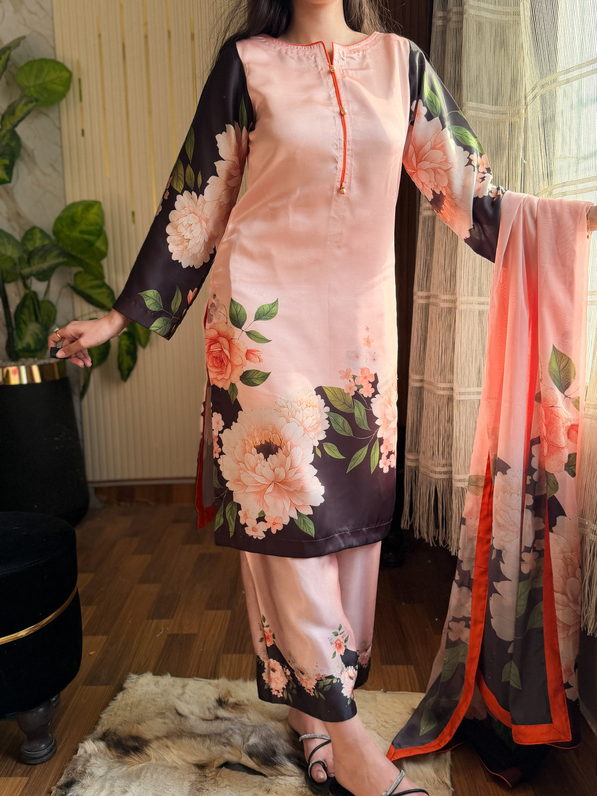 Model wearing a peach kurta with a dark floral print dupatta – digital printed silk 3-piece suit