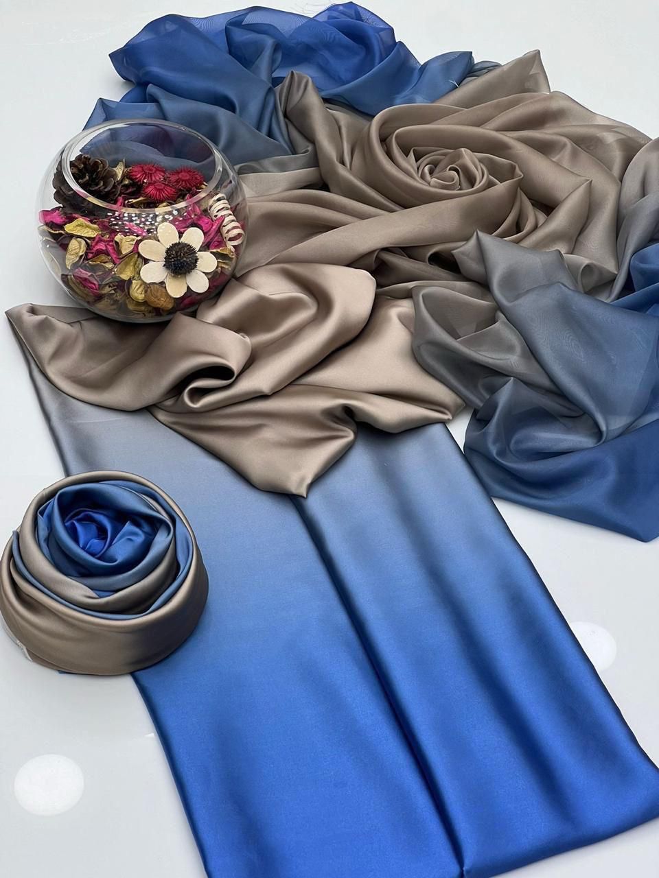 Unstitched digital printed silk 3-piece suit in blue to grey-beige ombre