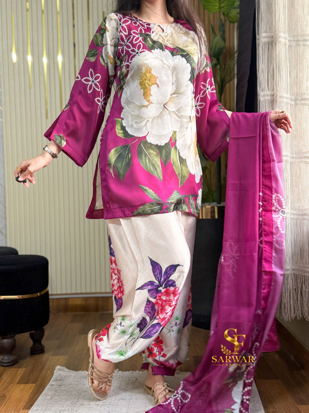 Model wearing a magenta suit with a large white flower and dupatta – digital printed silk 3-piece suit