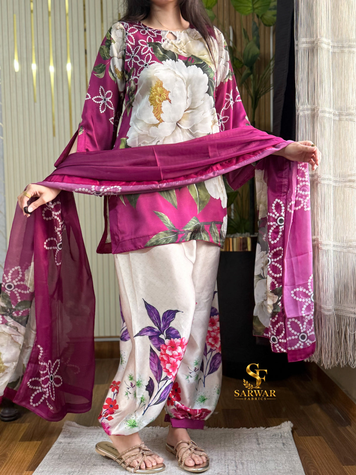 Blush Peony digital printed silk 3-piece suit, image 2 of 4