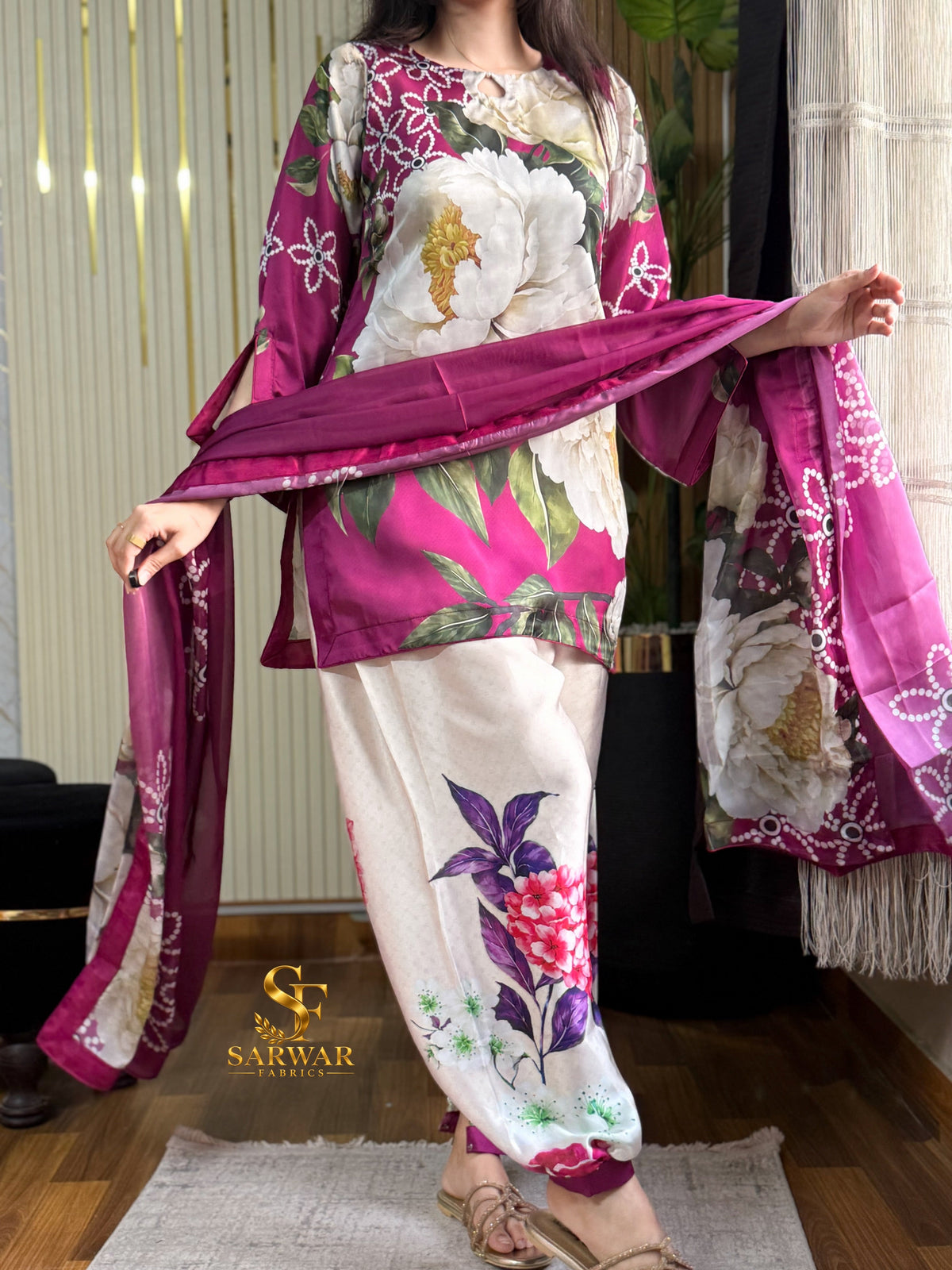 Blush Peony digital printed silk 3-piece suit, image 3 of 4