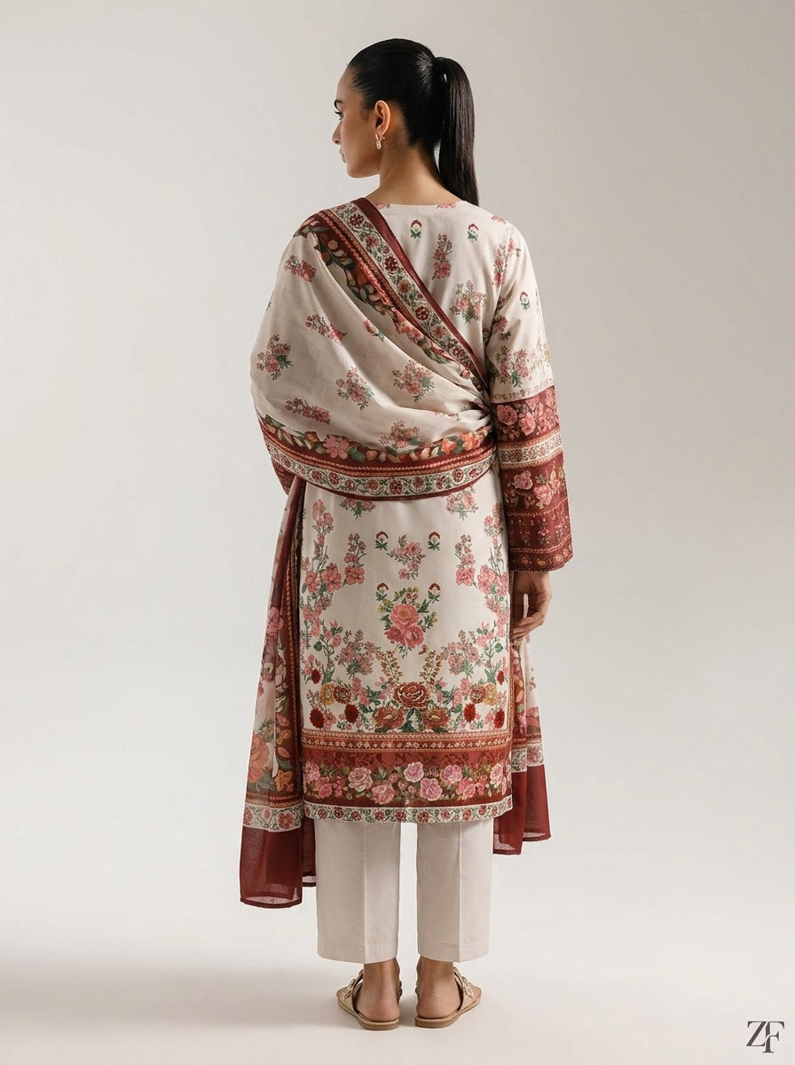 Gul-e-Rana Ivory Red 3 piece printed suit - back view