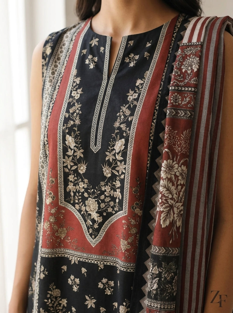 Raat Rani Black Rust 3 piece printed suit - close-up print and neckline detail