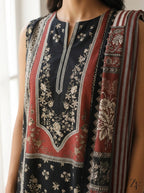 Raat Rani Black Rust 3 piece printed suit - close-up print and neckline detail