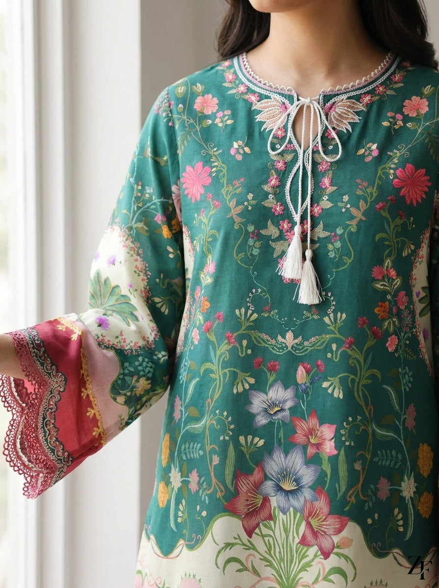 Nakhlistan Emerald Mint 2 piece printed suit - close-up print and neckline detail