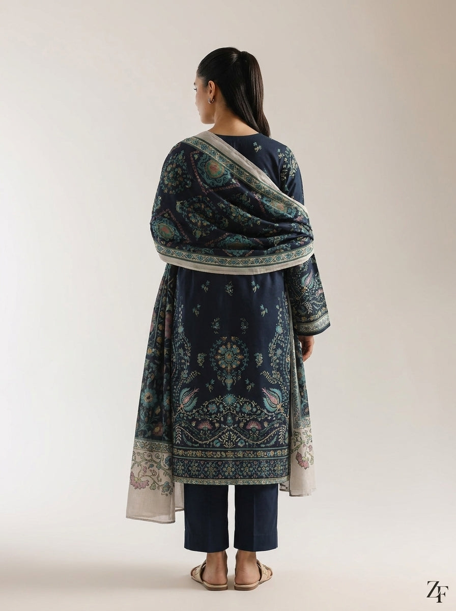 Lajward Midnight Navy 3 piece printed suit - back view