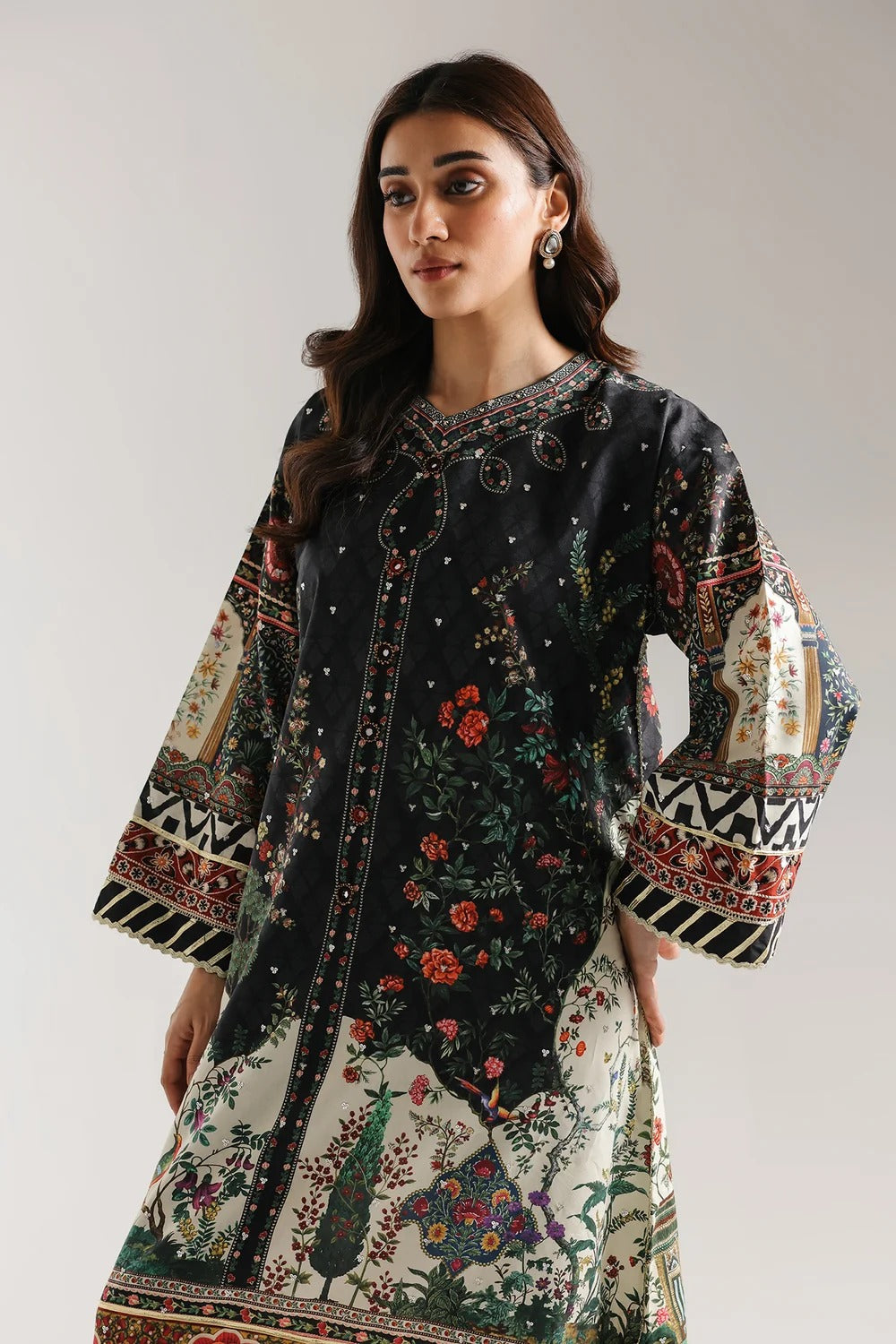 Mehrunnisa - Black Mughal Garden Printed Shamose Silk Kaftan 2 Piece