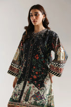 Mehrunnisa - Black Mughal Garden Printed Shamose Silk Kaftan 2 Piece