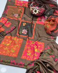 Unstitched Swiss lawn 3-piece suit in brown with orange and pink geometric floral panels