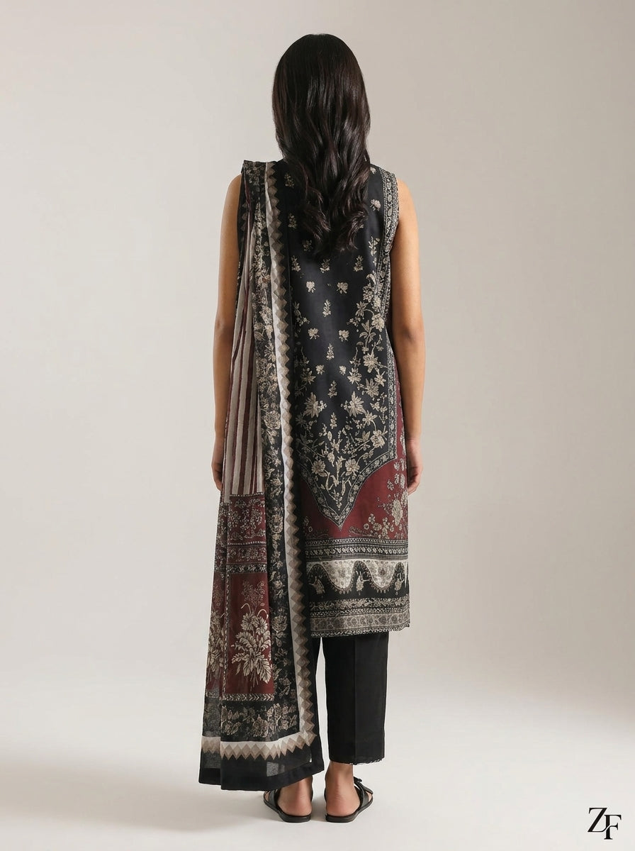 Raat Rani Black Rust 3 piece printed suit - back view