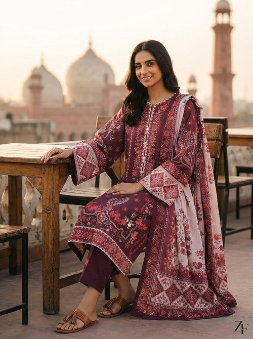 Anaarkali Wine Maroon 3 piece printed suit - lifestyle look