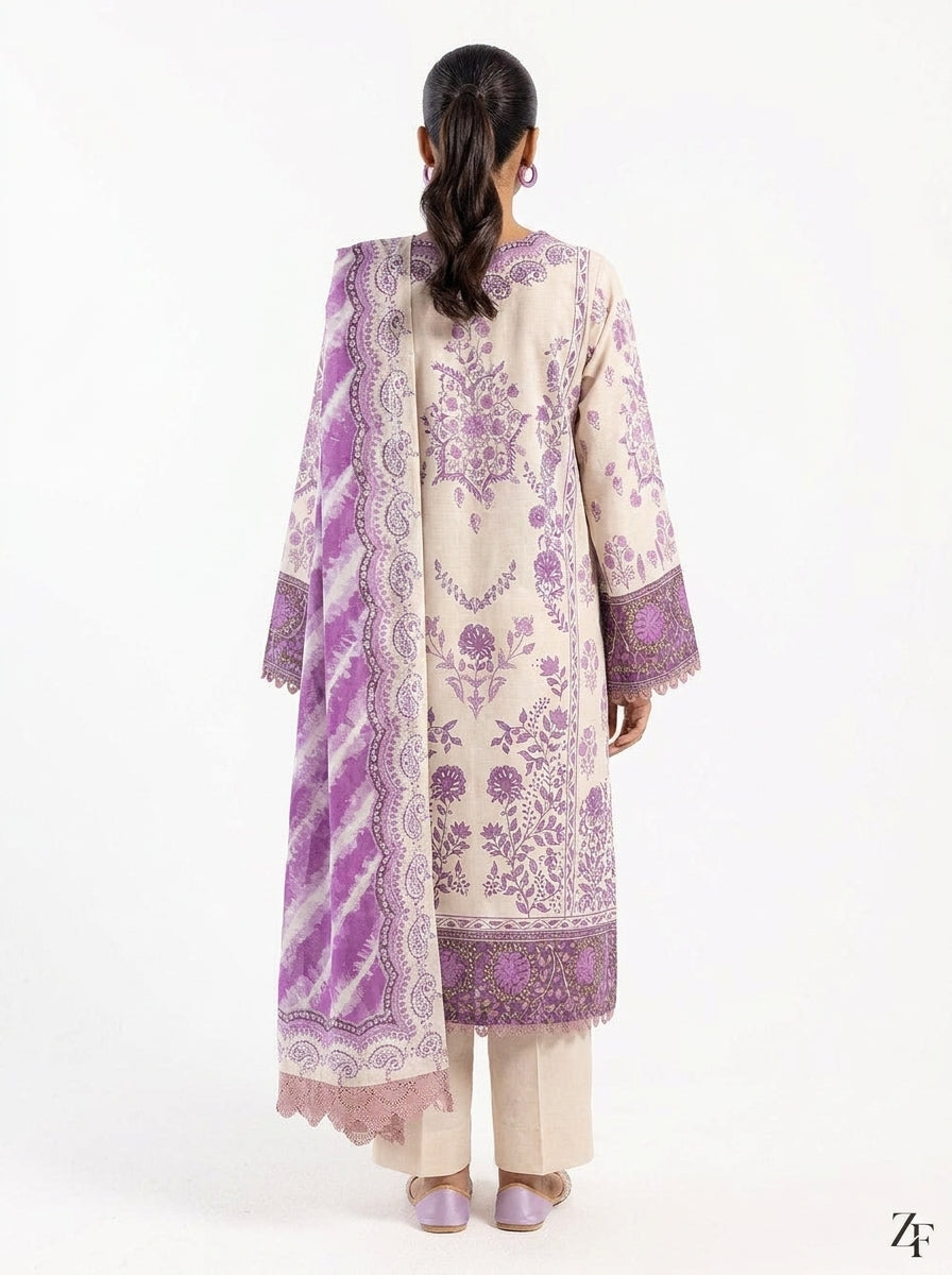 Khwab Ivory Lilac 3 piece printed suit - back view