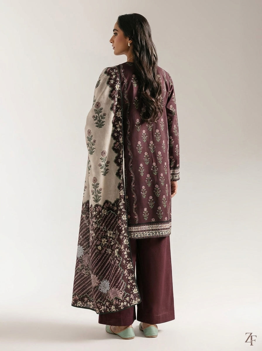 Shaam-e-Ghazal Chocolate Plum 3 piece printed suit - back view