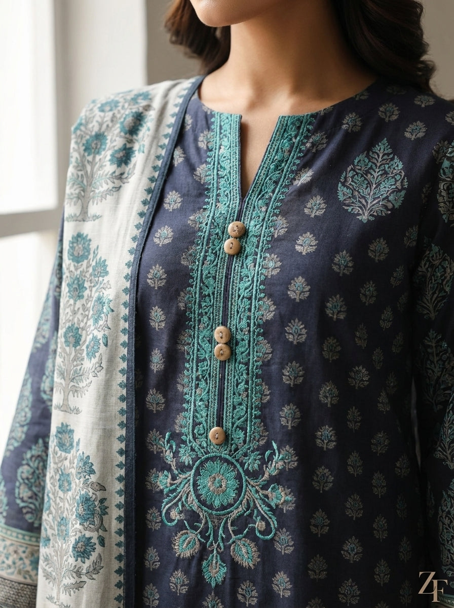 Neel Gagan Navy Teal 3 piece printed suit - close-up print and neckline detail