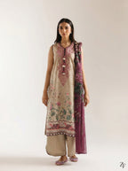 Gul-e-Bahar Beige Plum 3 piece printed suit - full length front view