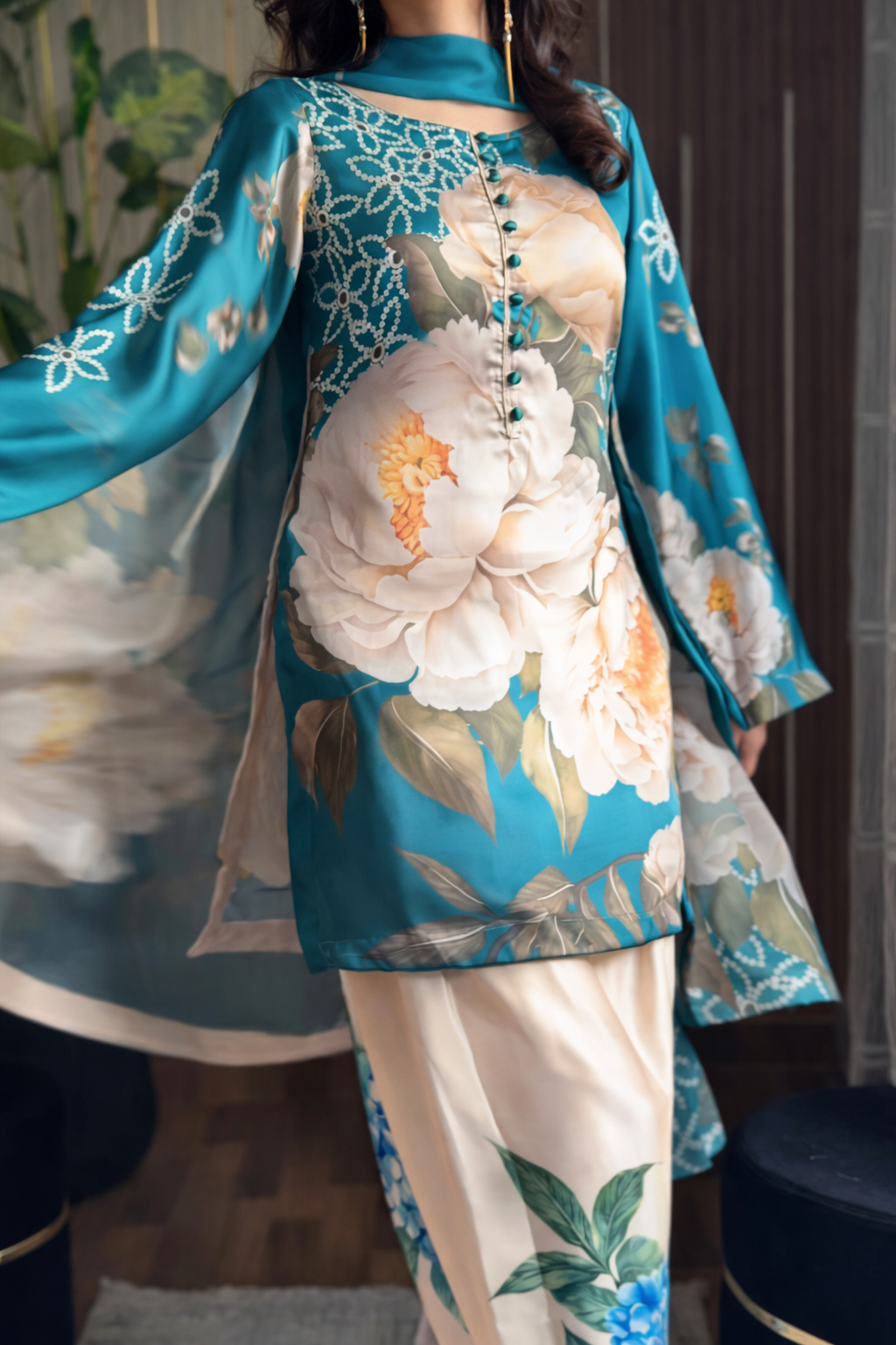 Emerald Bloom Co-ord Set digital printed silk 3-piece suit, image 5 of 5