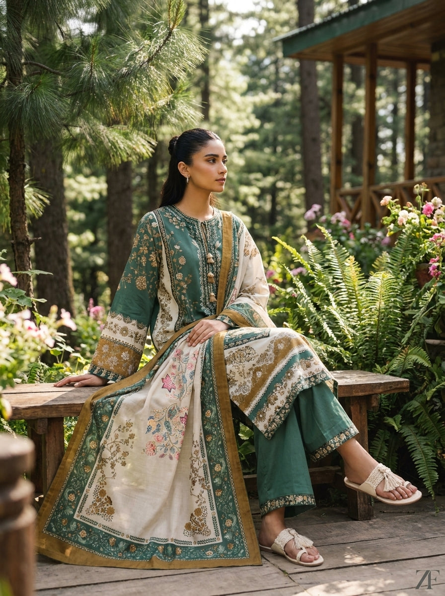 Zumurrud Bottle Green Mustard 3 piece printed suit - lifestyle look