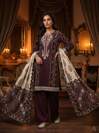 Shaam-e-Ghazal Chocolate Plum 3 piece printed suit - editorial look
