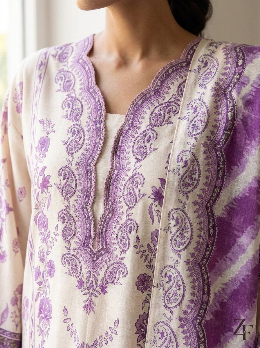 Khwab Ivory Lilac 3 piece printed suit - close-up print and neckline detail