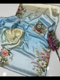 Unstitched digital printed silk 3-piece suit in light blue satin ombre with floral accents