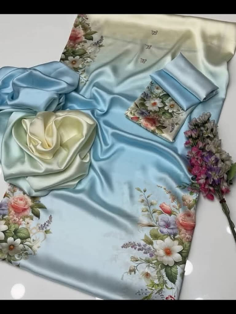 Unstitched digital printed silk 3-piece suit in light blue satin ombre with floral accents