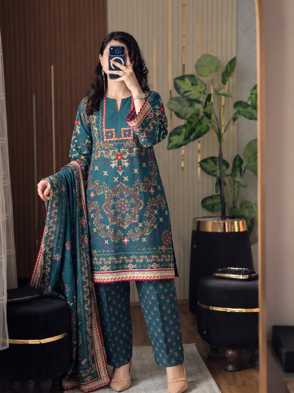 Firozi teal poly lawn 3 piece printed suit with dupatta - view 1